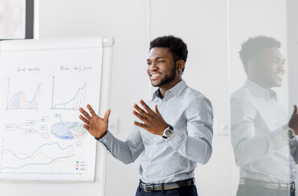 man presenting in front with white board