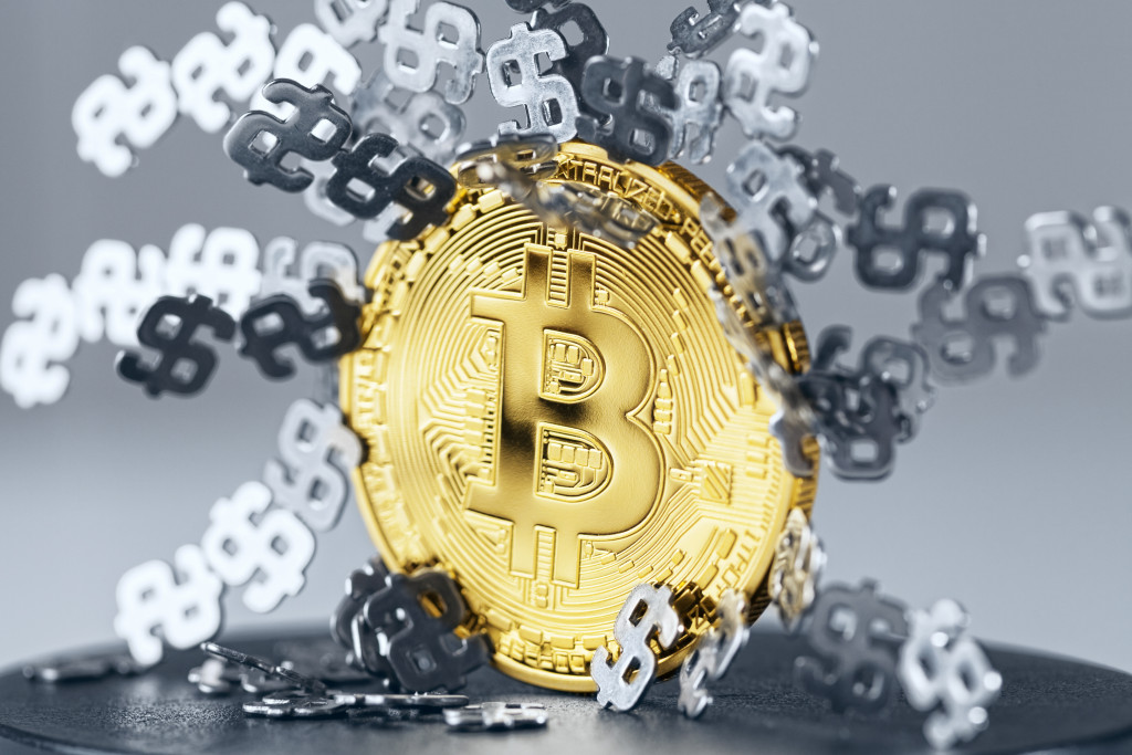 gold bitcoin coin with many silver dollar signs attached to it representing its value